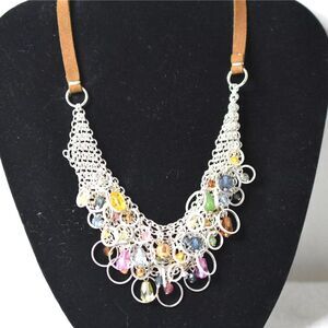 Vintage AJ Favre Mesh Silver Tone Multi Color Beaded 14" Brown Leather Necklace
